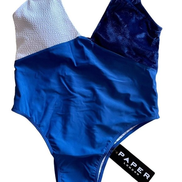 Paper London Cori One Piece Swimsuit Large NWT White Blue Size M - Picture 1 of 9